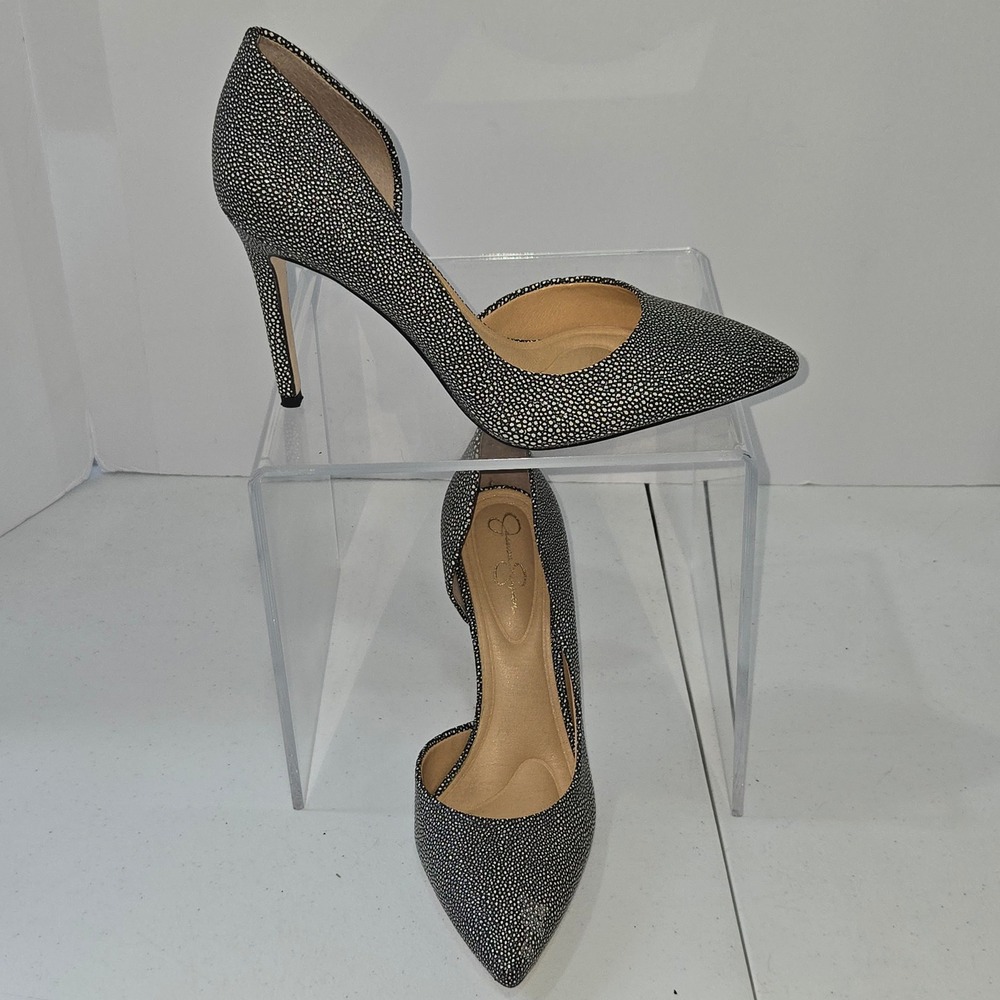 Jessica Simpson Womens 8.5 M Black White Stingray Print dOrsay Heels JS-KAYLEIGH